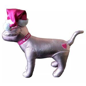 Victorias Secret PINK Plush Metallic Pink Dog with Santa Hat Christmas